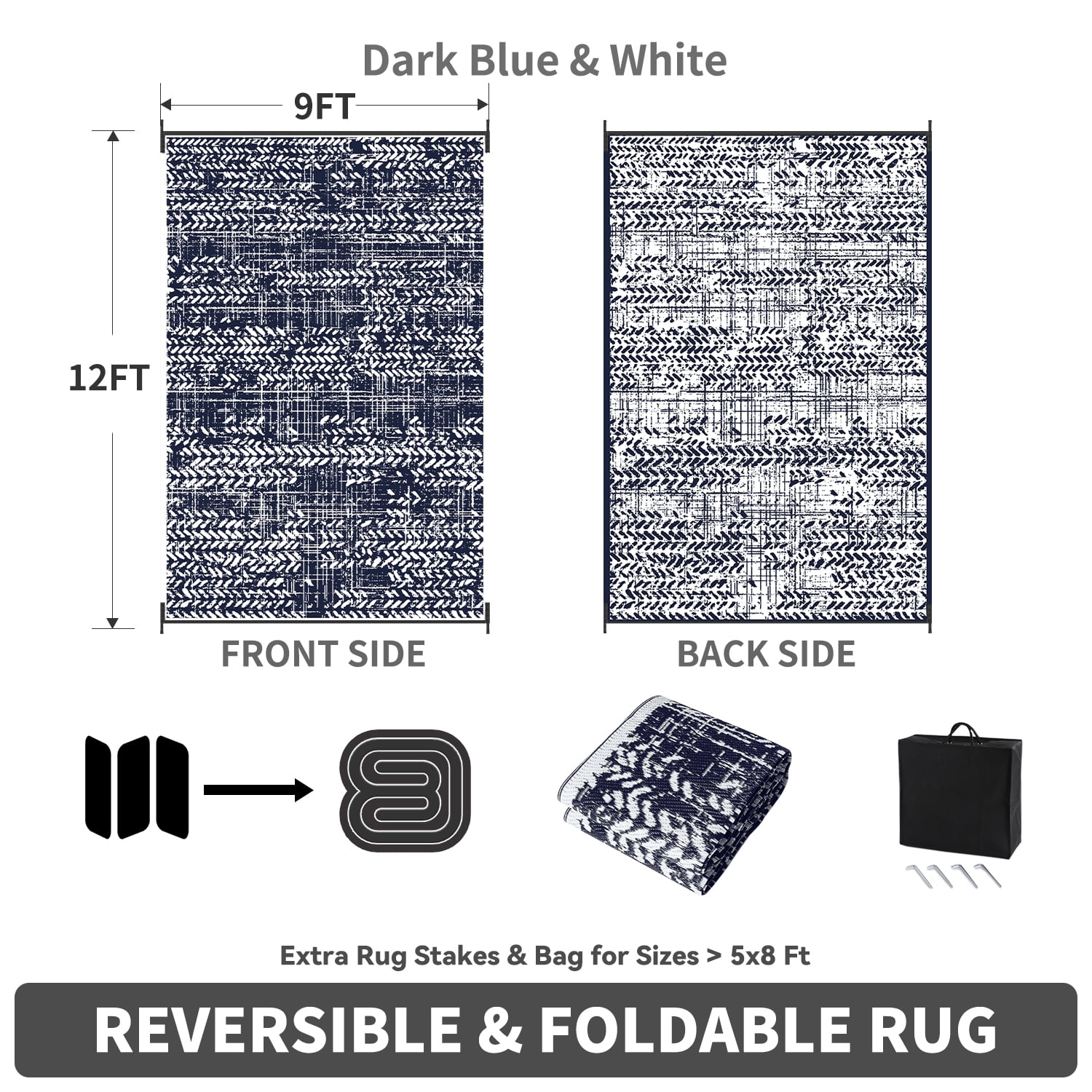VUNATE Outdoor Rug 9'x12' Patio Rug Waterproof Woven Plastic Outdoor Mat for Picnic RV Porch Camping Reversible Outside Rug Dark Blue and White