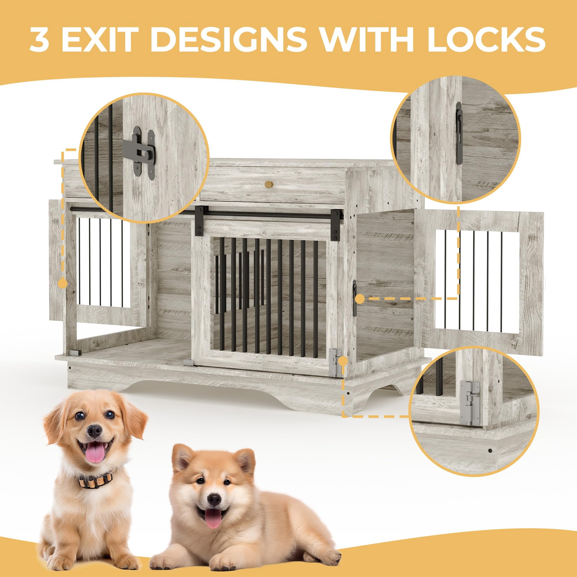 Danolapsi 47" Dog Furniture Crate,Dog Kennel Large Furniture Style Dog Crate w/ 2 Storage Draws & Removable Divider & Triple Door Design,Indoor Pet Crate Table for Large/Medium/Small Dogs