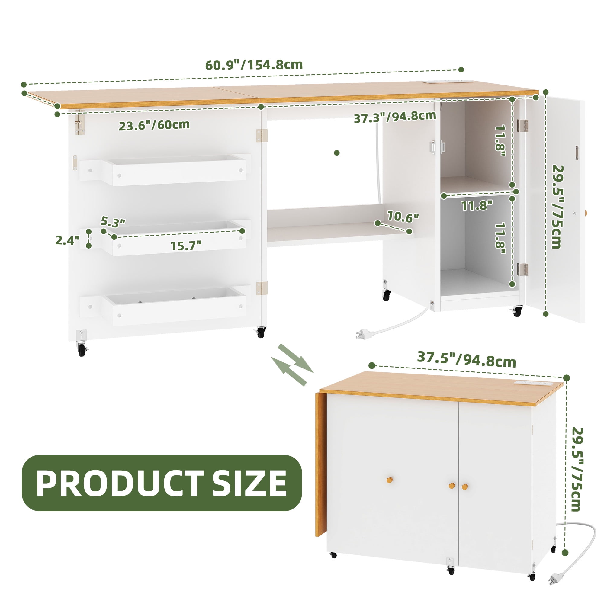 Uforic Folding Sewing Table with Charging Station, Storage Shelves & Lockable Wheels, White & Oak for Home or Craft Rooms