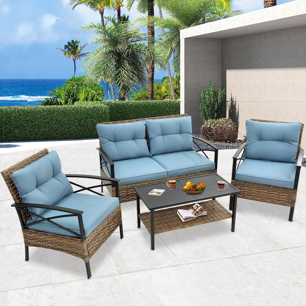 Gymax 4PCS Outdoor Furniture Set, Rattan Seating with Turquoise