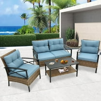 enyopro 4-Piece Outdoor Sectional Sofa Set, PE Rattan Conversation Set with Arm Chairs, Tea Table and Cushions, All-Weather Cushioned Sofa Furniture Set for Backyard Patio Porch Garden Poolside, K3032