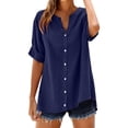thumbnail image 3 of Women's Plus Size Cotton Linen Shirt, 3/4 Sleeve Button Down Blouse, Loose Fit Breathable Casual Top for Work, Daily Wear and Versatile Outfits Navy M, 3 of 10