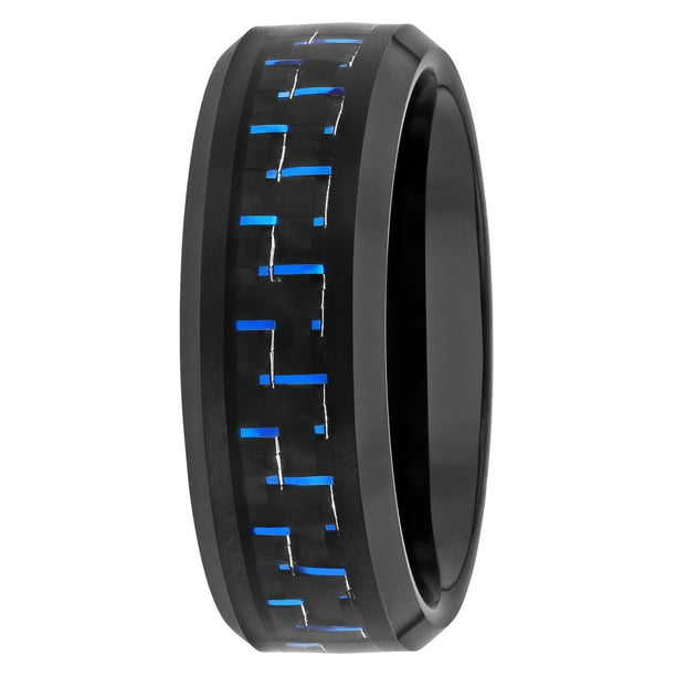 Men's Black and Blue Carbon Fiber Inlaid Ring in Black Men's Black and Blue Carbon Fiber Inlaid Ring in Black