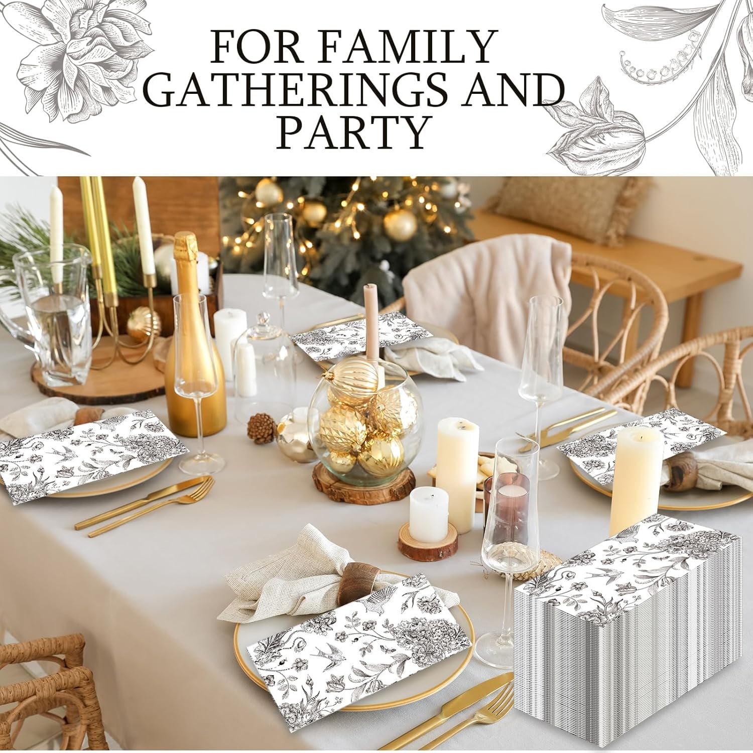 200 Pcs Floral Paper Napkins Disposable Hand Towels for Bathroom Guest Decorative Napkins for Bathroom Shower Toilet Room Holiday Wedding Bridal Tea Party(Black)
