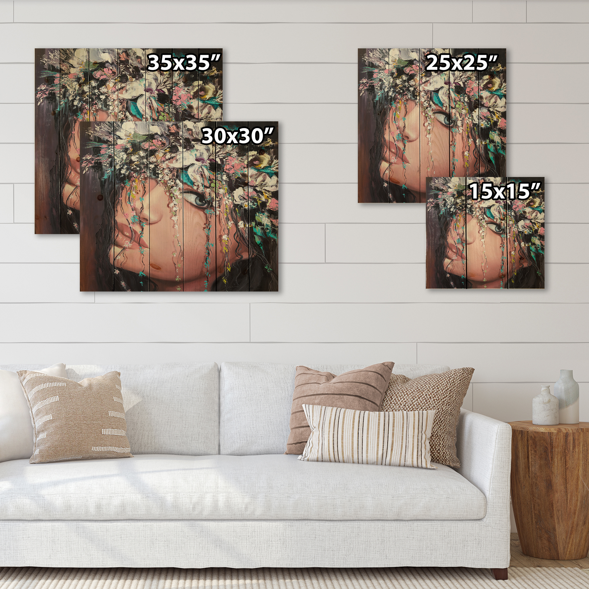 Designart 'Portrait Of A Young Woman With Flowers II' Modern Print on Natural Pine Wood