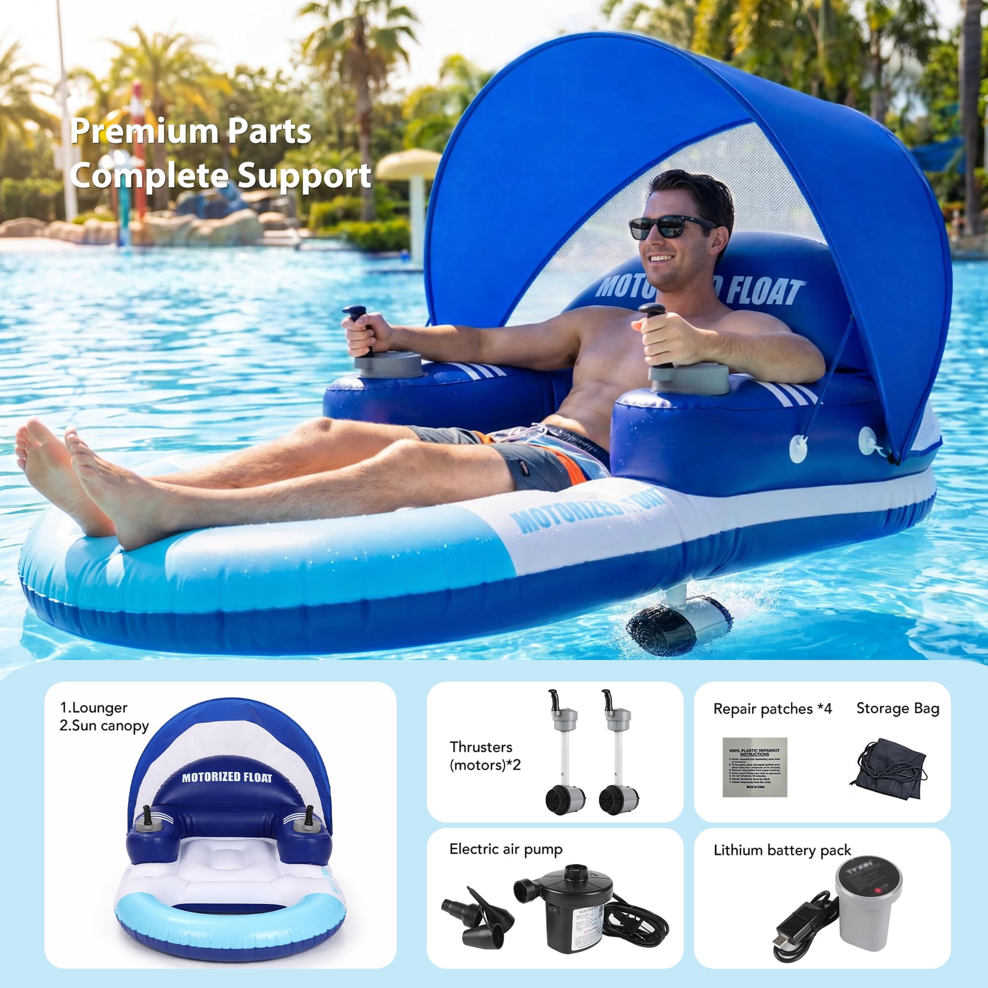 Foxlux Motorized Pool Float with Canopy, Rechargeable Motorized Floats with Cup Holder – Dual Motor Heavy Duty Electric Lounger Raft for Adults, Pool, Lake & Party