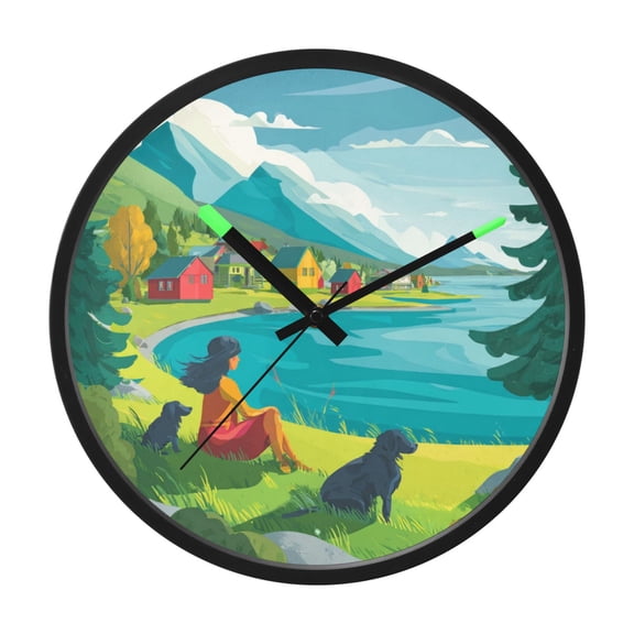 Indoor 12' Voice-Activated Luminous Decoration Wall Clock With LED Night Light Blue Water Green Trees
