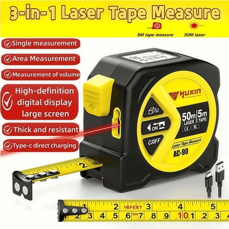 3-In-1 Laser Tape Measure 50M/165ft - High-Precision Infrared Rangefinder | HD Smart Display, USB Charging, Unit Switching (M/in/Ft) | Ergonomic Portable Gift