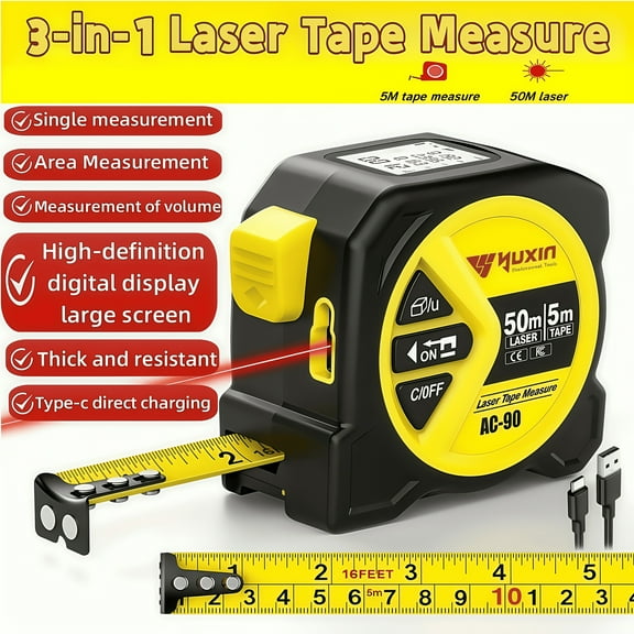 3-In-1 Laser Tape Measure 50M/165ft - High-Precision Infrared Rangefinder | HD Smart Display, USB Charging, Unit Switching (M/in/Ft) | Ergonomic Portable Gift