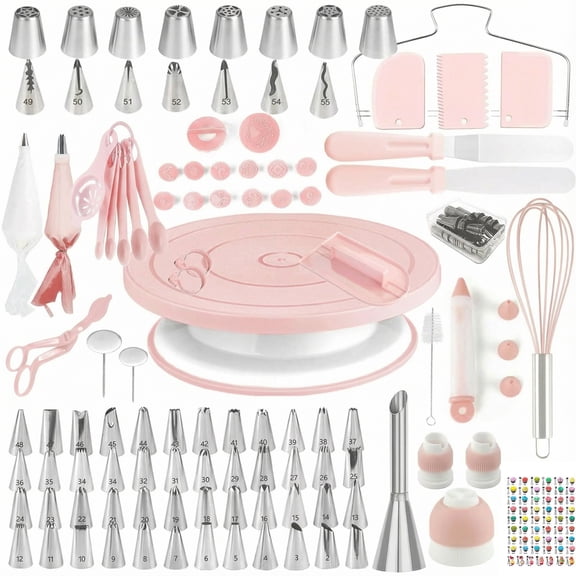 Cake Decorating Kit,137pcs Cake Decorating Supplies with Cake Turntable for Decorating,Pastry Piping Bag,Russian Piping Tips Baking Tools, Cake Baking Supplies for Beginners(Light Pink)