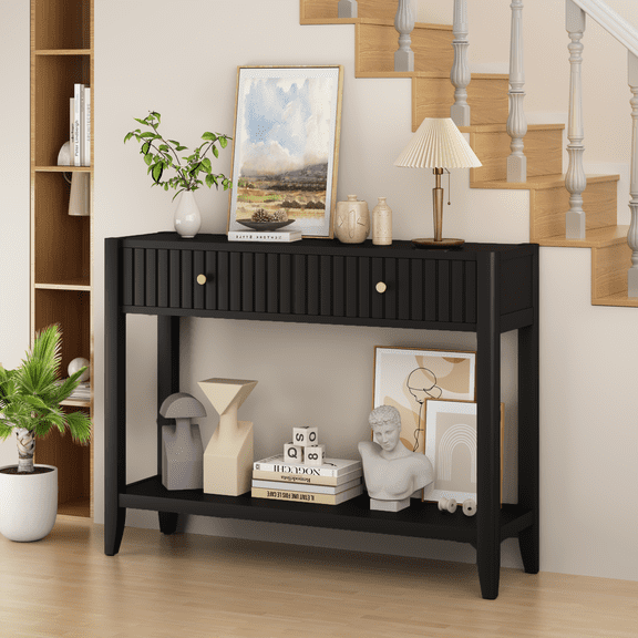 39" Console Table with 2 Drawers,Wood Narrow Accent Sofa Table Entryway Table with Storage Shelf for Living Room,Front Hall,Hallway,Black