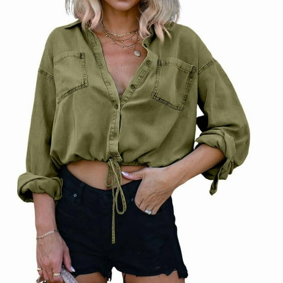 Women'S Cropped Denim Shirt Roll Up 3/4 Sleeve Casual Loose Drawstring Hem Button Front Jean Jacket Olive Color XL