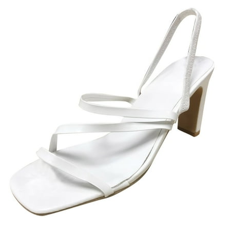 HSMQHJWE Square Heels For Women Square Toe Heeled Sandals Dressy Summer High Heels Ankle Strap Wedding Dress Shoes White 10)