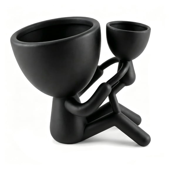 Cowsor Abstract Humanoid Sculpture Planter with Dual Pots for Succulents and Small Plants, Decorative Black Resin Flower Container for Home Office Desk and Living Room Decor