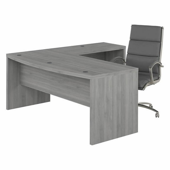 Pemberly Row 72W Bow Front L Shaped Desk and Chair Set in Gray - Engineered Wood