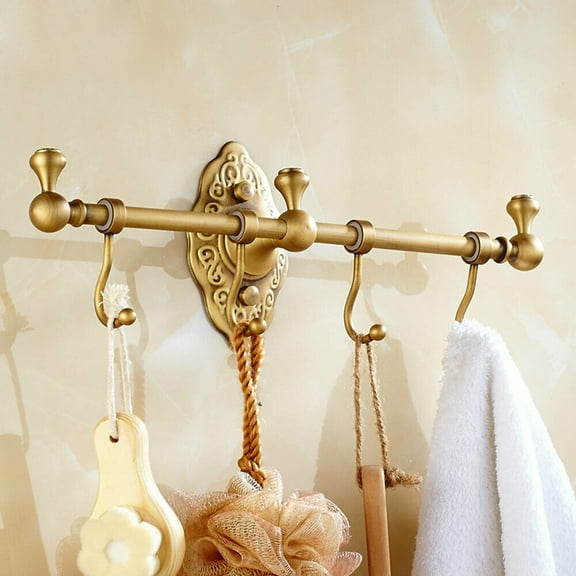 Fetcoi Retro Wall Mount Towel Rack with 4 Hooks, 14Inch Gold Brushed Brass Vintage