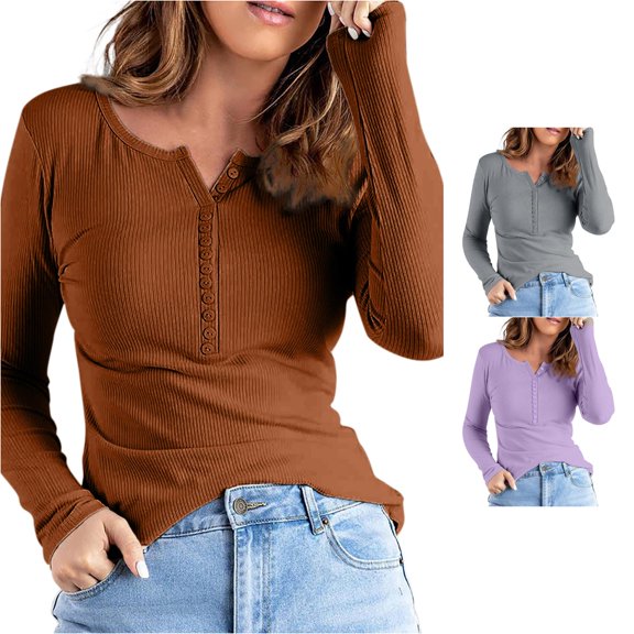 Women's Casual Knit Long Sleeve Shirts for Women - Button Down Crew Neck Tops Everyday Wear and Layering