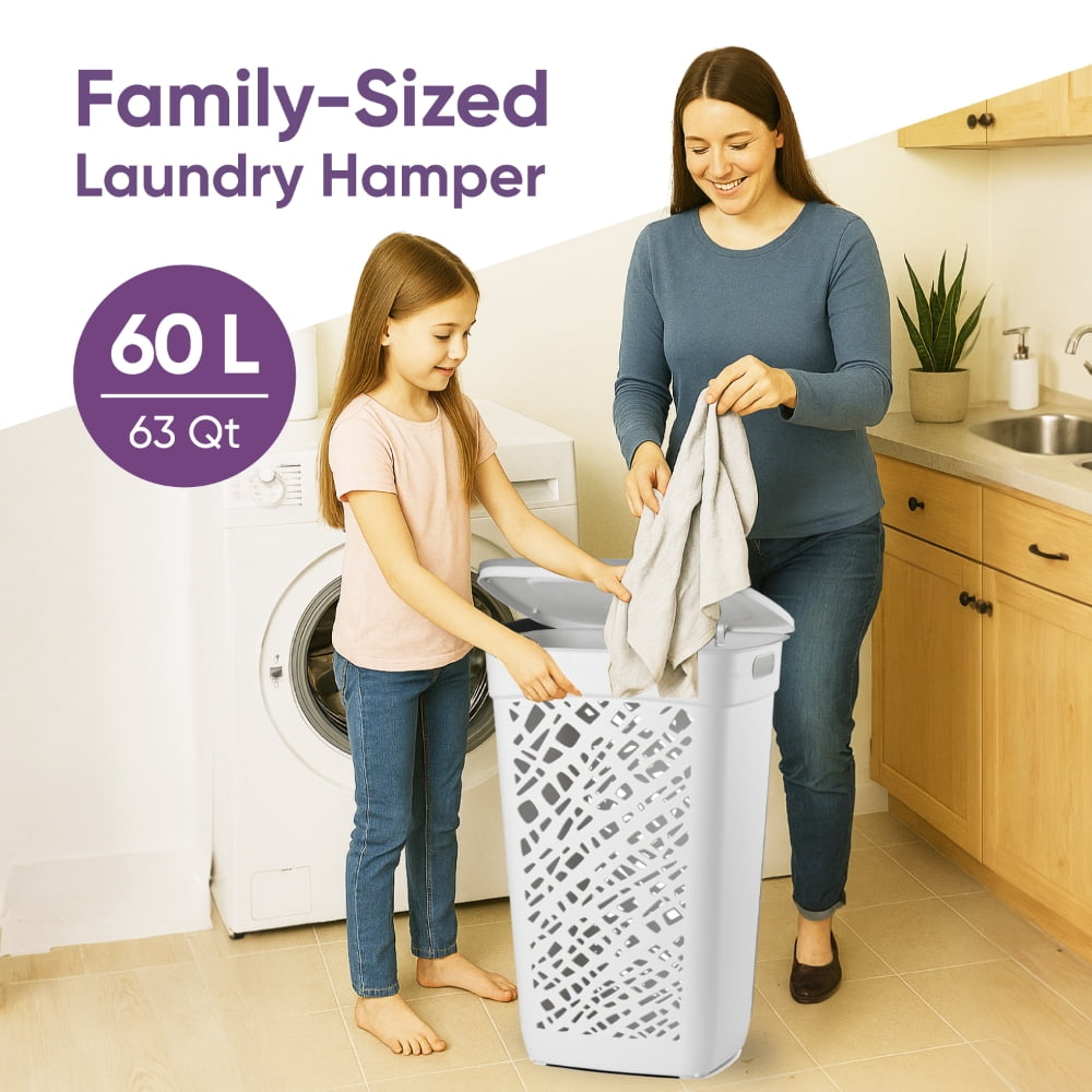 Non-Breakable Mosaic Hamper, 60L -Misty White, Elegant Design, Vented Laundry Basket, Made in France