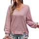 thumbnail image 1 of Blusa de mujer Fibra de poliéster Algodón Cuello en V Manga larga con hombros caídos Color puro Camiseta holgada informal para mujer Rosa XL, 1 of 6