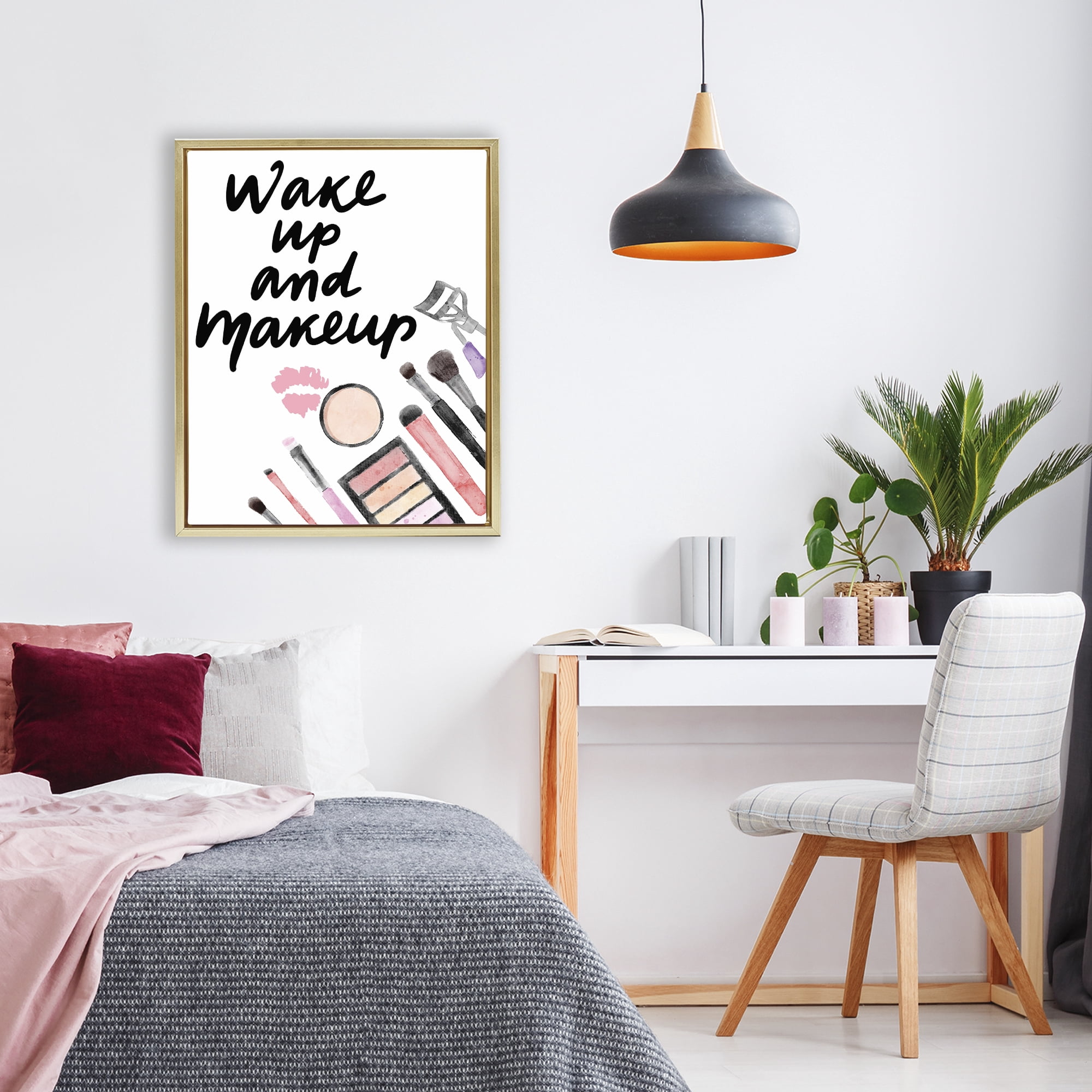 Stupell Industries Wake Up & Makeup Gold Framed Floater Canvas Wall Art, design by Jesse Keith
