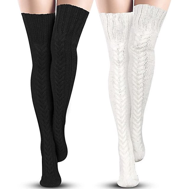 Medias largas de invierno para mujer, calcetines gruesos y cálidos tejidos por encima de la rodilla, calcetines altos de punto blancos y negros