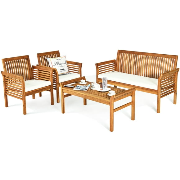 Topbuy 4-Piece Patio Acacia Wood Sofa Set Conversation Table Chairs with Beige Cushions