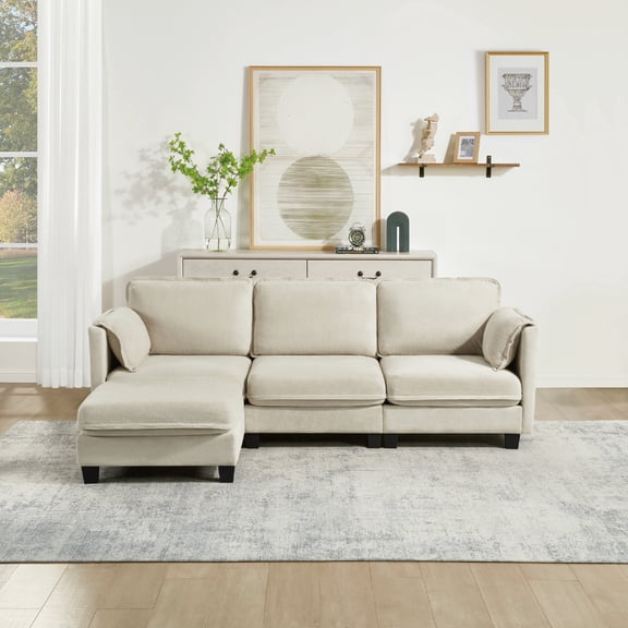 Noble House 93" L-Shaped Cloud Sofa, Cotton-Linen Velvet Sectional with Storage, Living Room, Modular 3-Seat, Beige