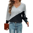 thumbnail image 4 of QAFOPEH Womens Colorblock V Neck Tunic Thin Sweater Lantern Long Sleeve Texture Tops, 4 of 5