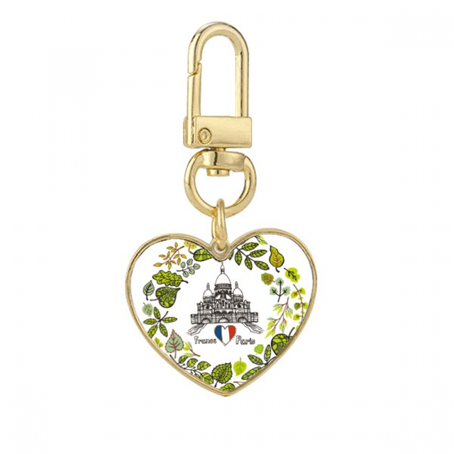 Basilique Paris France Illustration Gold Heart Keychain Metal Keyring Holder