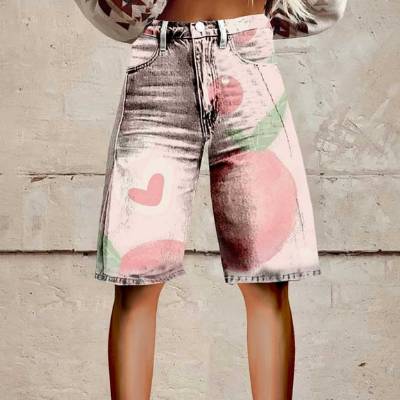 Stephy Flare Denim Shorts for Women Wide Leg Denim Shorts Woman Vintage Floral Print High Waisted Straight Stretch Pants with Pockets, Pink, 3XL