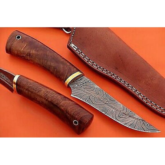 9" trailing point blood groove blade skinning knife, Walnut wood, Leather sheath