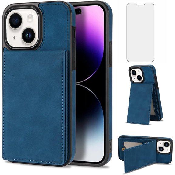 Phone Case for iPhone 13 6.1 inch Wallet Cover with Tempered Glass Screen Protector and RFID Slim Credit Card Holder Slot Stand Cell Accessories iPhone13 5G i i-Phone i13 iPhone13case Women Girls Blue