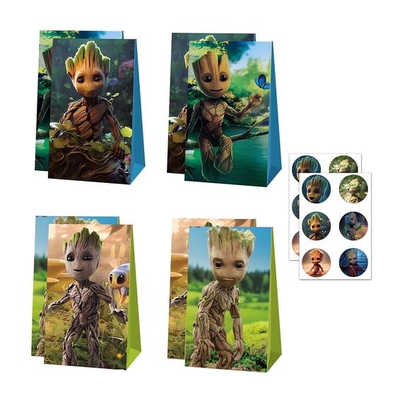 24 PCS Anime Party Favor Candy Bags for Groot Themed Birthday Supplies Decor,Birthday Game Party Kraft Paper Goodie Gift Bag Decorations