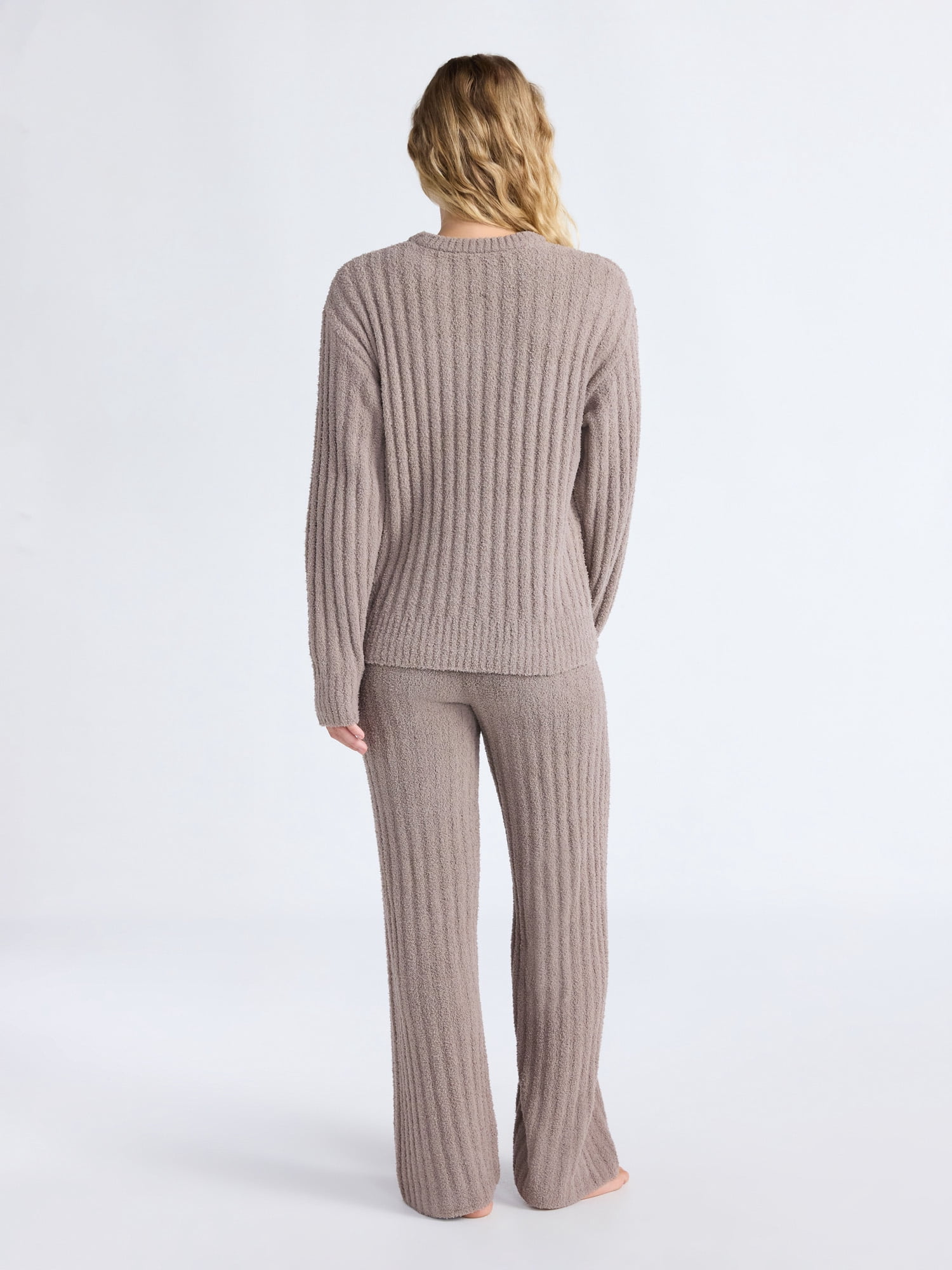 Joyspun Women's Cozy Ribbed Crewneck Top and Wide-Leg Pants Set, 2-Piece, Sizes XS-3X