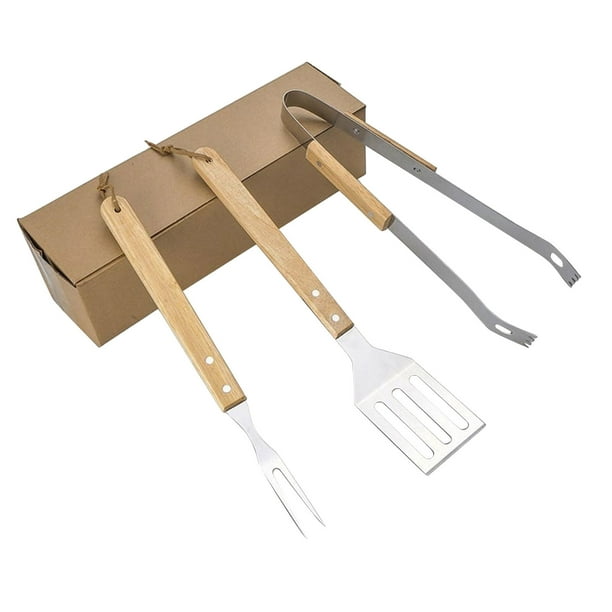 Pala con mango de madera, tenedor, herramientas para barbacoa al aire libre, juego de barbacoa, parrilla, Clip para barbacoa doméstica, 3 uds.