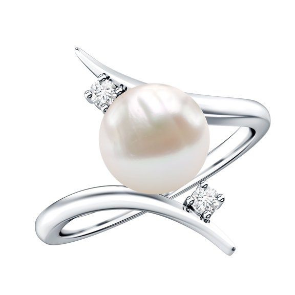 Rosec Jewels Solitaire Freshwater Pearl Engagement Ring with Bypass Shank (7.4 Carat, AAA Quality) - Real Pearl Diamond Ring, 925 Sterling Silver, US 4.00