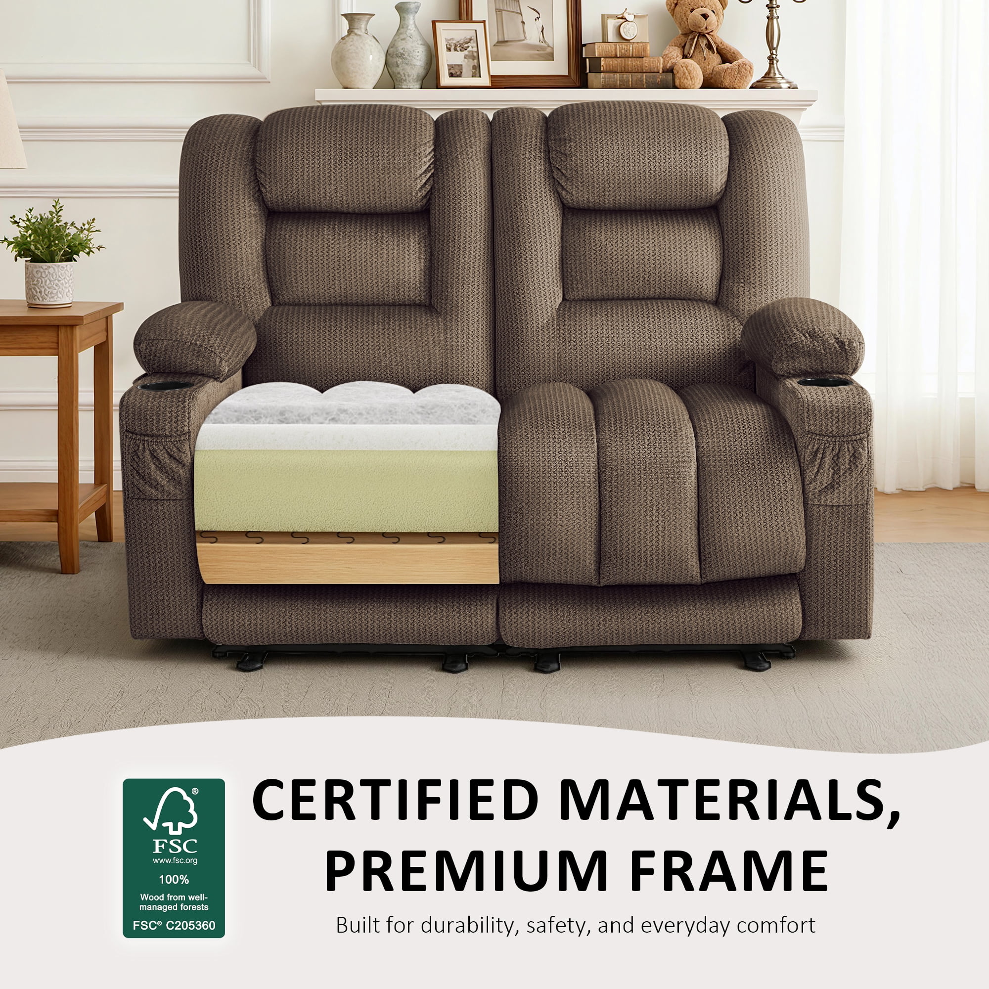 MCombo 55.9" Power Loveseat Recliner Sofa with Heat and Massage for Living Room, Fabric(Dark Brown)