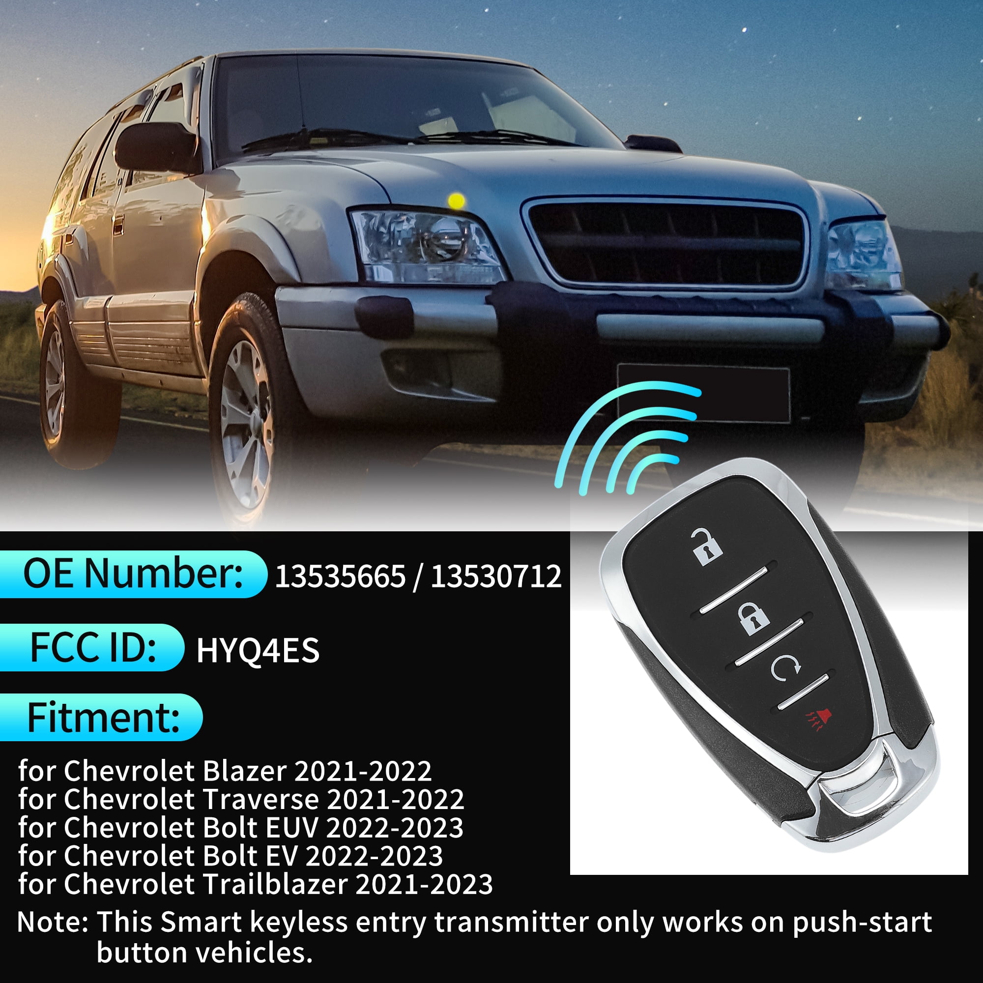 HYQ4ES 433 MHz Replacement Keyless Entry Remote Smart Key Fob for Chevrolet Blazer Traverse 21-22 for Chevy Bolt EUV EV 22-23 for Chevy Trailblazer 21-23 No.13535665 4 Buttons