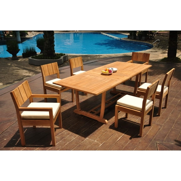 Grade-A Teak Dining Set: 6 Seater 7 Pc: 94" Double Extension Mas Rectangle Trestle Leg Table And 6 Veranda Chairs (2 Arm & 4 Armless Chairs) WholesaleTeak #WMVR70