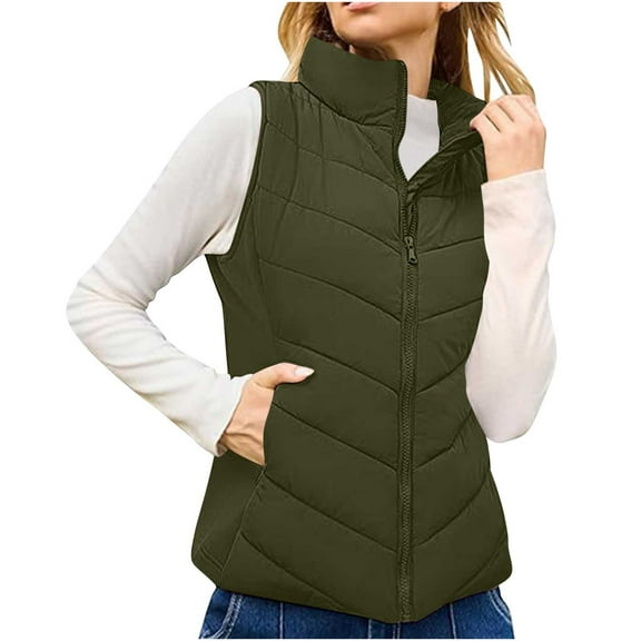 jtjvou Puffer Vest Women Sleeveless Zip Up Outerwear Stand Collar Quilted Vest Warm Winter Jackets Coats with Pocket Green XXL