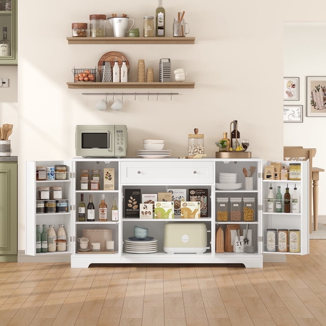 Homfa Buffet de Cuisine de 54,3 Po L avec Tiroir, Armoire de Rangement à 4 Portes avec Tablettes Ajustables, Blanc