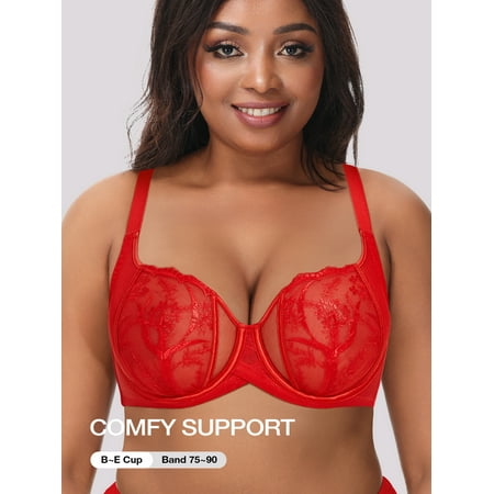 Deyllo Women s Sexy Lace Bras Plus Size Push Up Underwire Support Non-padded Unlined Demi See-through Balconette Bra  Red 36B