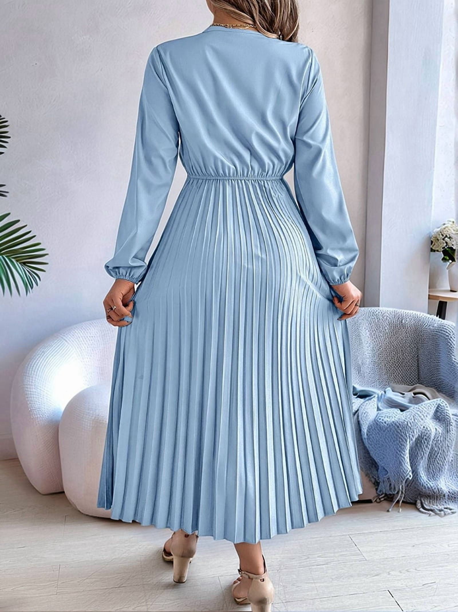 Women Fall Long Sleeve Dress Casual V Neck Pleated A Line Light Blue M