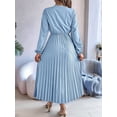 thumbnail image 4 of Women Fall Long Sleeve Dress Casual V Neck Pleated A Line Light Blue S, 4 of 5
