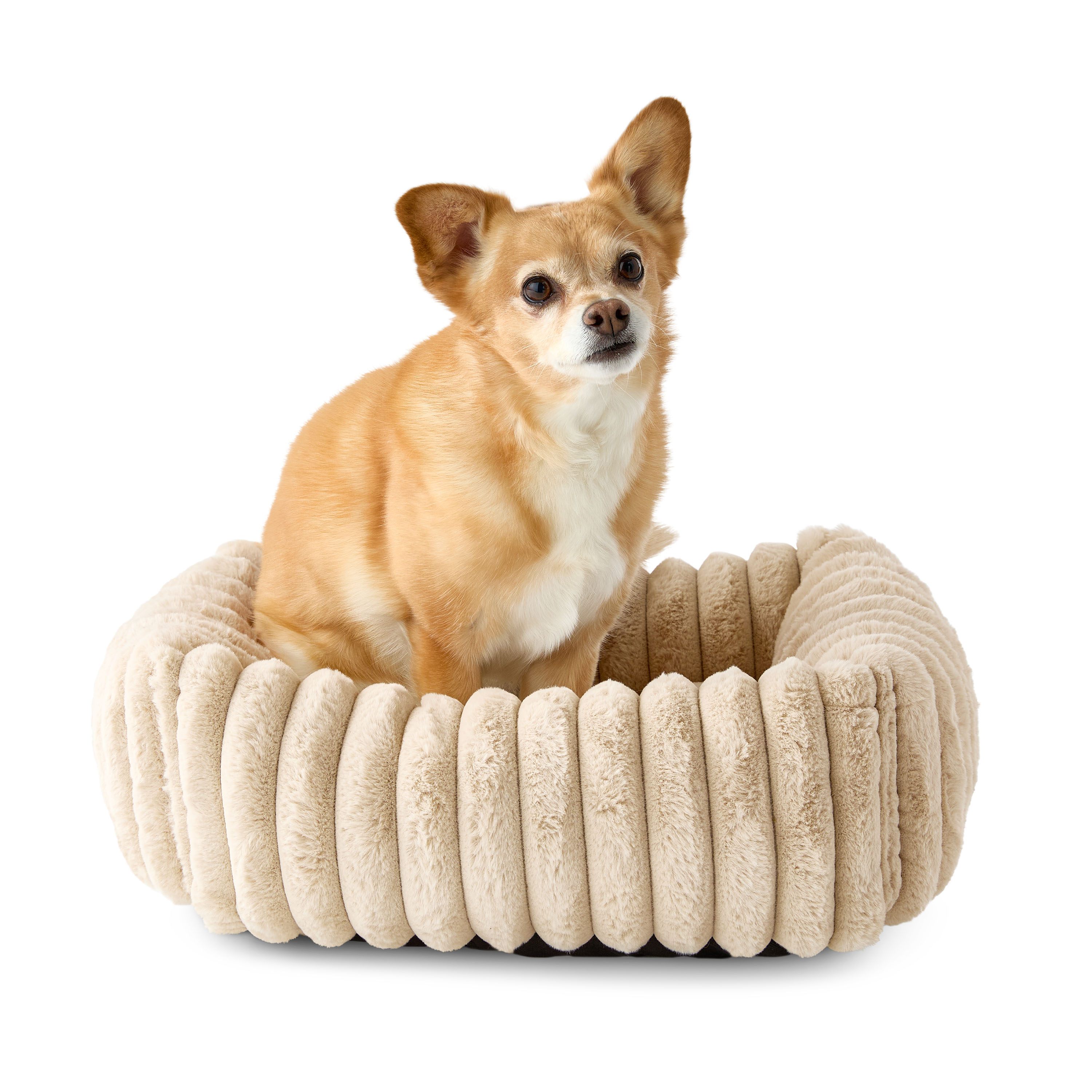 Vibrant Life Small Thick Corduroy Plush Bolster Dog Bed, Tan, 17" x 21"