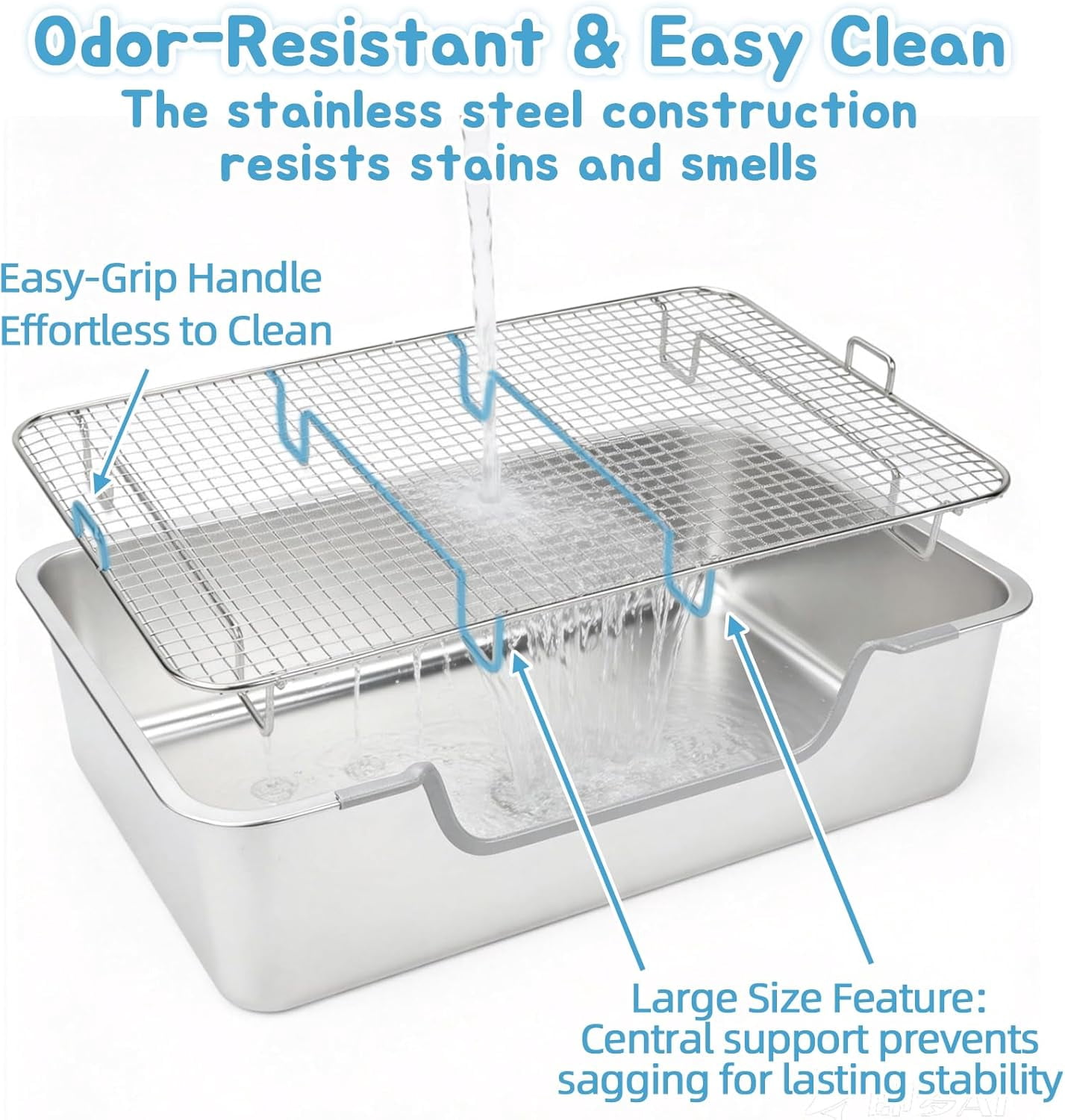 Extra Large Stainless Steel Rabbit Litter Box with Sifting Tray, Steel Grids Bunny Litter Box, Rabbit Potty Pan for Guinea Pigs, Chinchillas, Ferrets, Squirrels, Easy to Clean, Odor Control