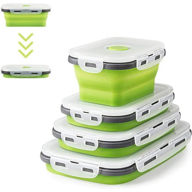 4 PCS Folding Silicone Lunch Box Retractable Silicone Food Containers Retractable Lunch Bento Box Food Storage Silicone Box Storage (Green)