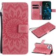 thumbnail image 1 of Funda para Apple, Funda protectora con ranuras para tarjetas con tapa magnética de cuero de PU con estampado de flores de sol y correa de mano (rosa), 1 of 5