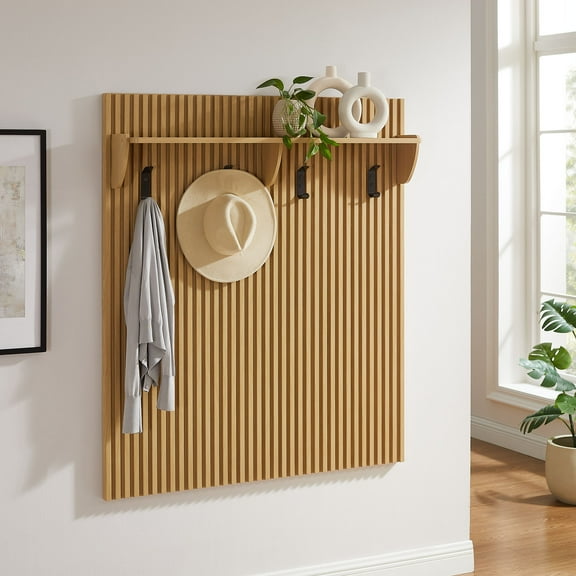Modway Render Fluted Coat Rack Panel With Shelf in Light Oak