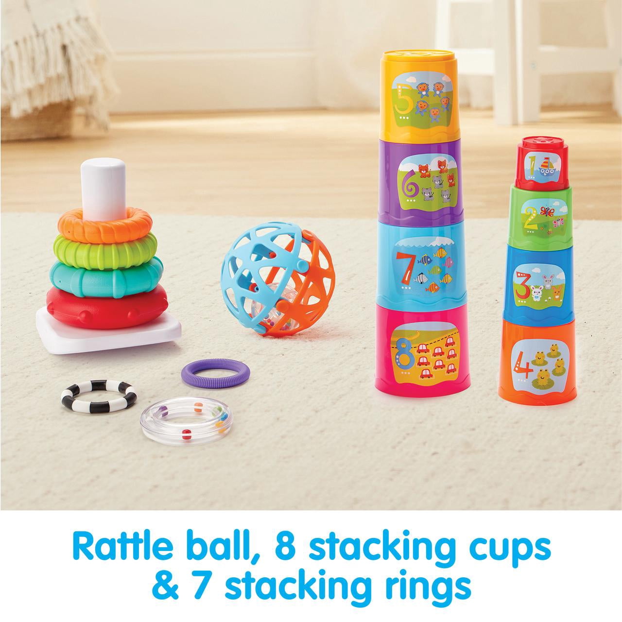 Kidoozie Little Learner's Trio – 3-in-1 Infant Development Toys – Stacking Cups, Rocking Ring Tower & Rattle Ball – Ages 6 Months+